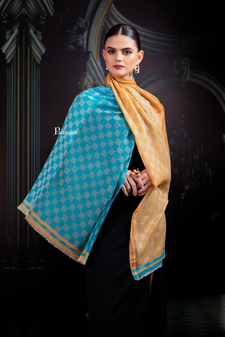 Pashtush India Womens Shawls Pashtush Womens Extra Fine Wool Stole, Twin Colour Weave Checkered Design, Sage And Teal