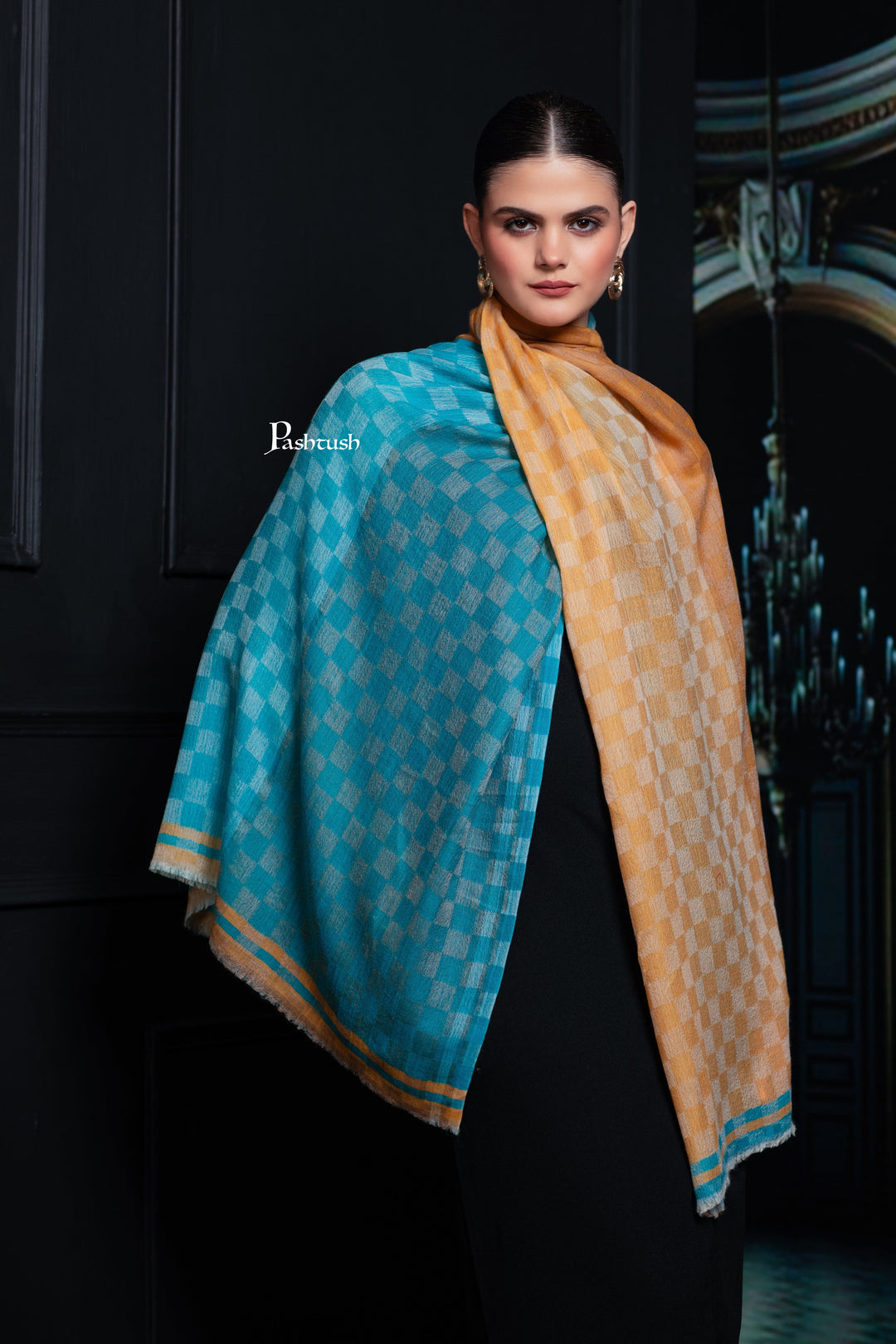 Pashtush India Womens Shawls Pashtush Womens Extra Fine Wool Stole, Twin Colour Weave Checkered Design, Sage And Teal
