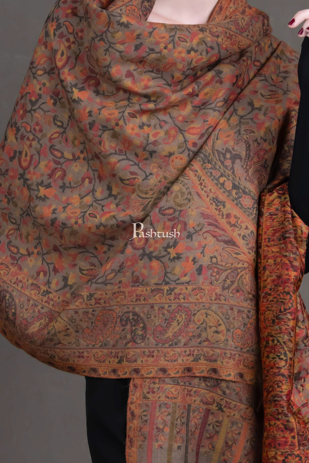 Pashtush India Womens Stoles Pashtush Womens Extra Fine Wool Stole, Woven Ethnic Weave Design, Taupe