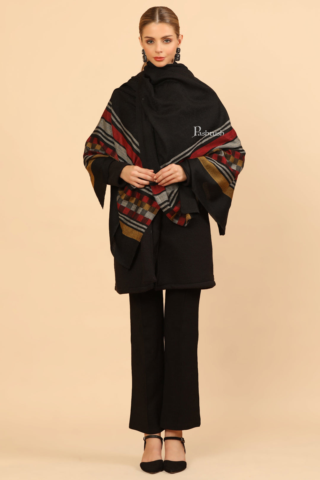 Pashtush India Womens Stoles and Scarves Scarf Pashtush Womens Extra Fine Wool Stole, Woven Geometric Design, Black