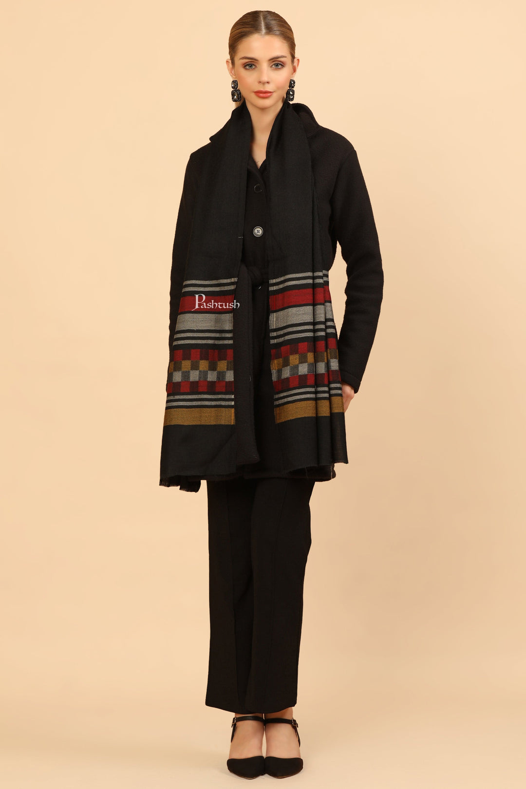 Pashtush India Womens Stoles and Scarves Scarf Pashtush Womens Extra Fine Wool Stole, Woven Geometric Design, Black