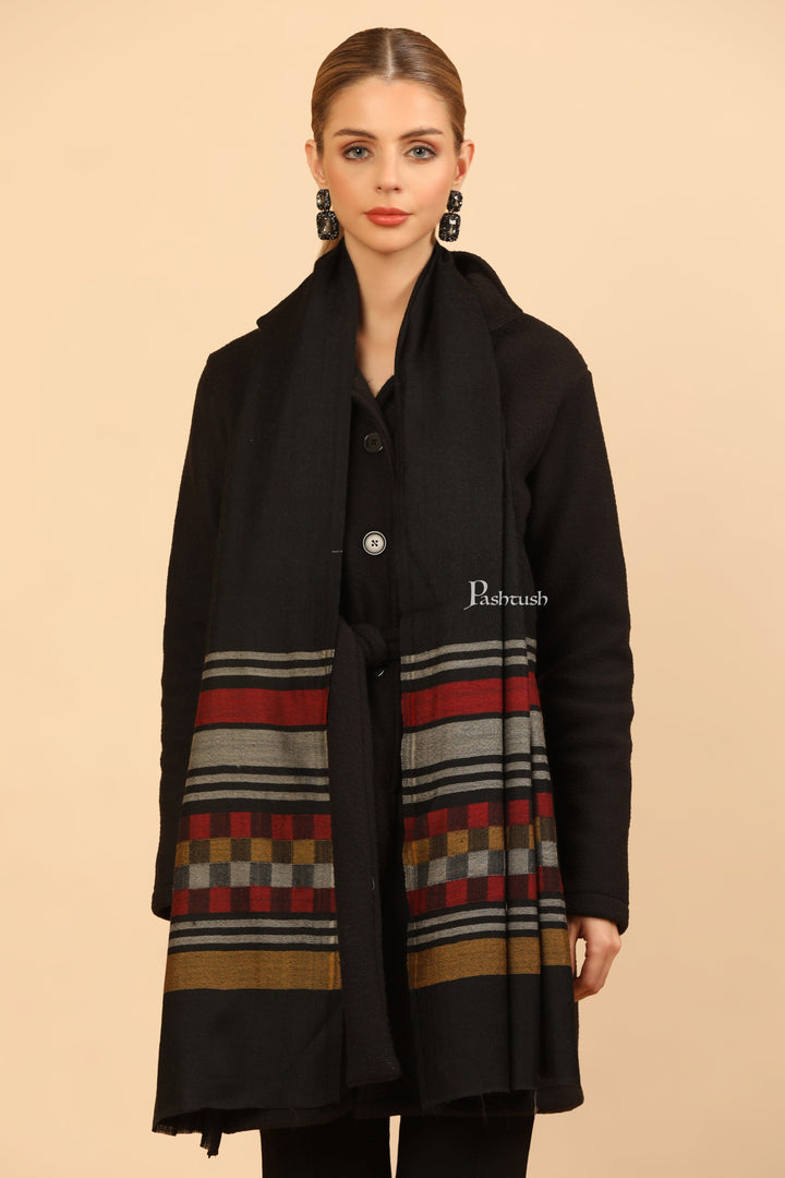 Pashtush India Womens Stoles and Scarves Scarf Pashtush Womens Extra Fine Wool Stole, Woven Geometric Design, Black
