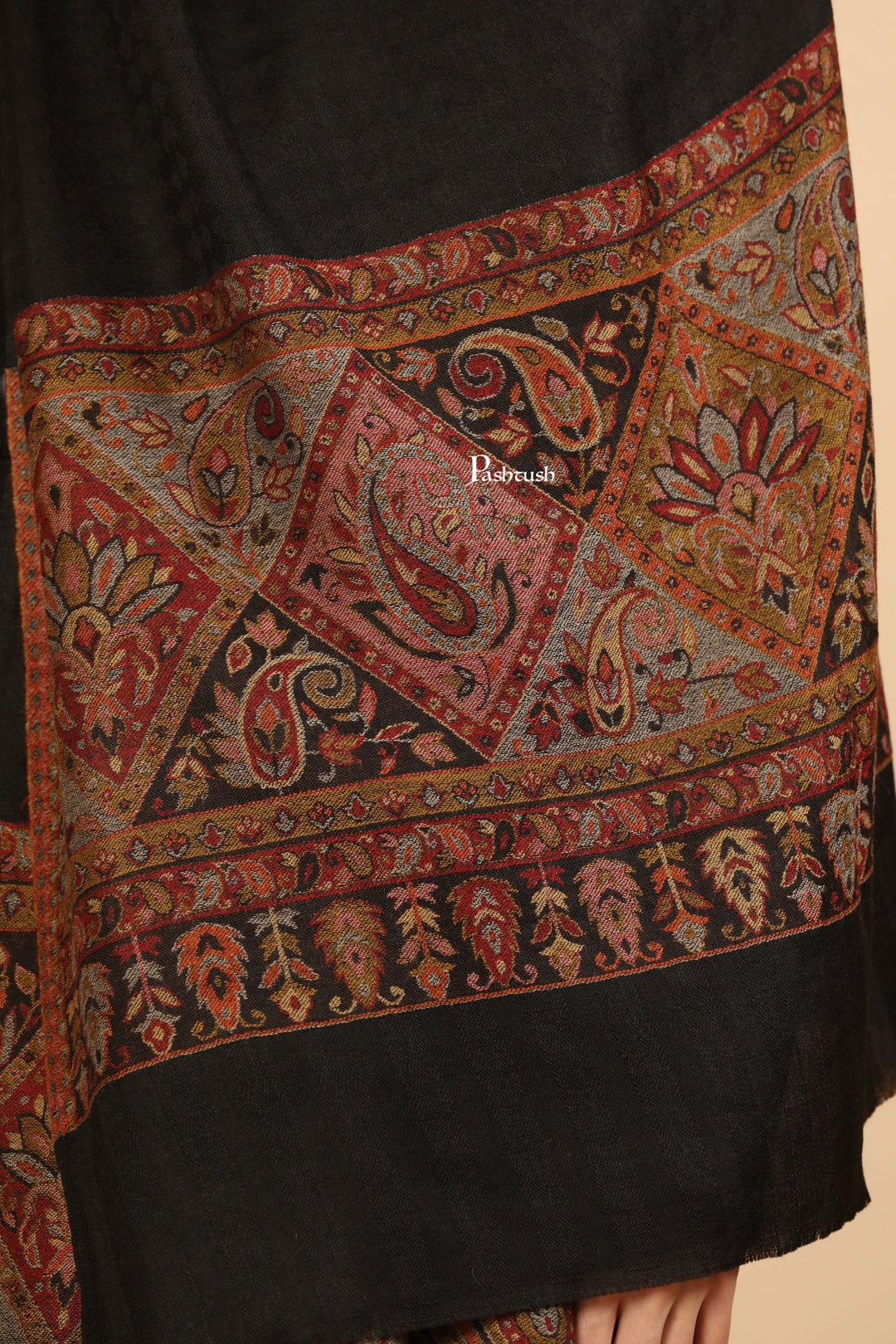 Pashtush India Womens Stoles Pashtush Womens Extra Fine Wool Stole, Woven Geometric Design, Black