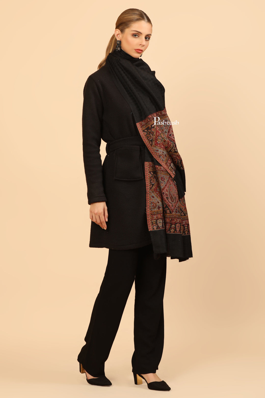 Pashtush India Womens Stoles Pashtush Womens Extra Fine Wool Stole, Woven Geometric Design, Black