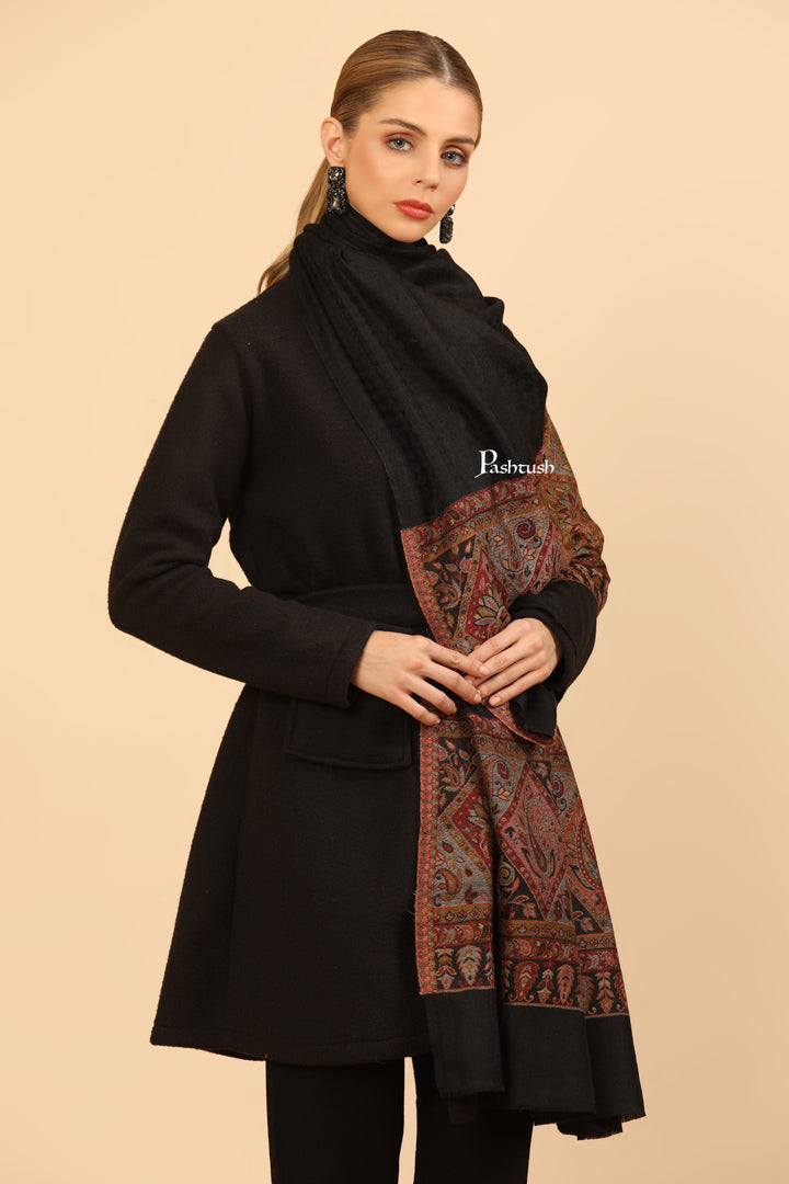 Pashtush India Womens Stoles Pashtush Womens Extra Fine Wool Stole, Woven Geometric Design, Black