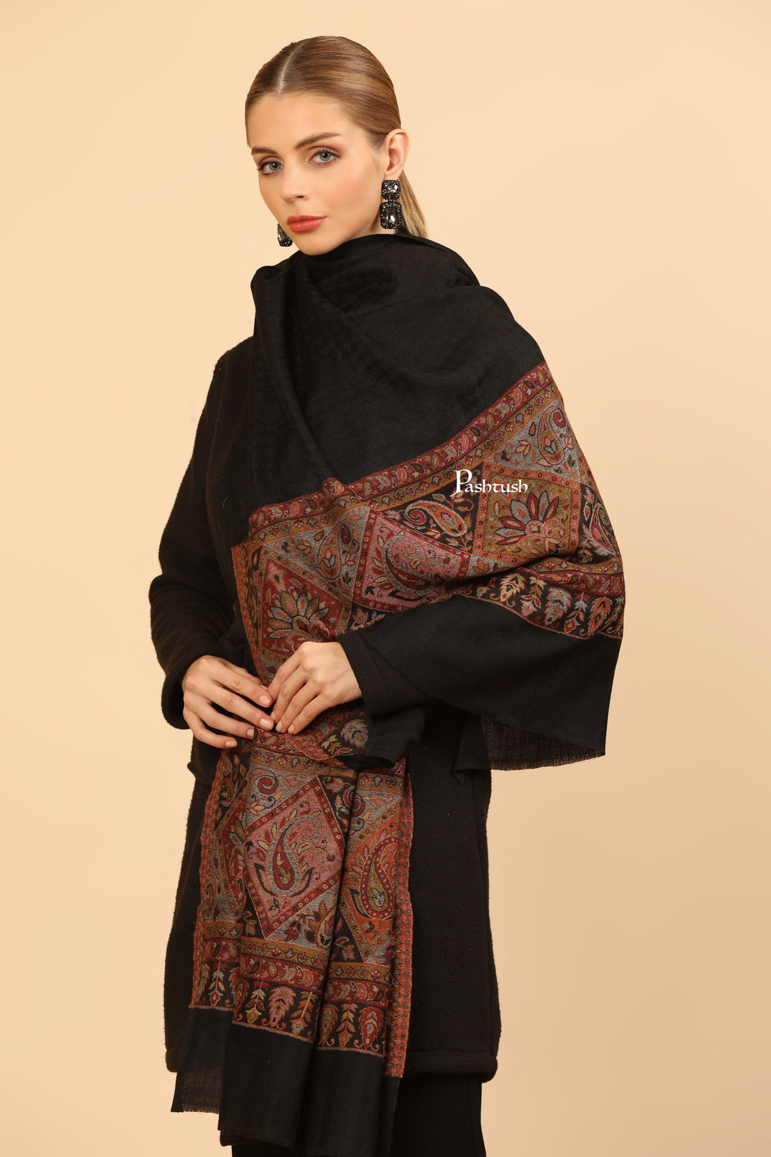 Pashtush India Womens Stoles Pashtush Womens Extra Fine Wool Stole, Woven Geometric Design, Black