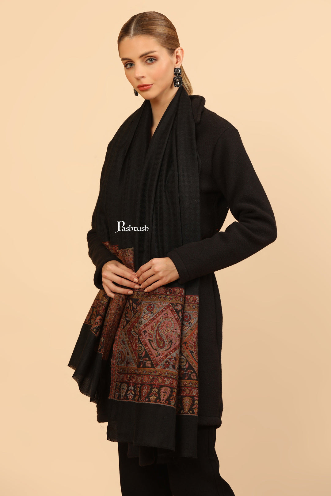 Pashtush India Womens Stoles Pashtush Womens Extra Fine Wool Stole, Woven Geometric Design, Black