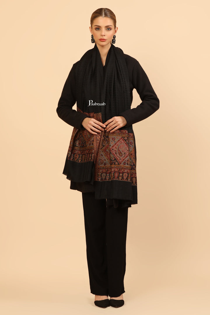 Pashtush India Womens Stoles Pashtush Womens Extra Fine Wool Stole, Woven Geometric Design, Black