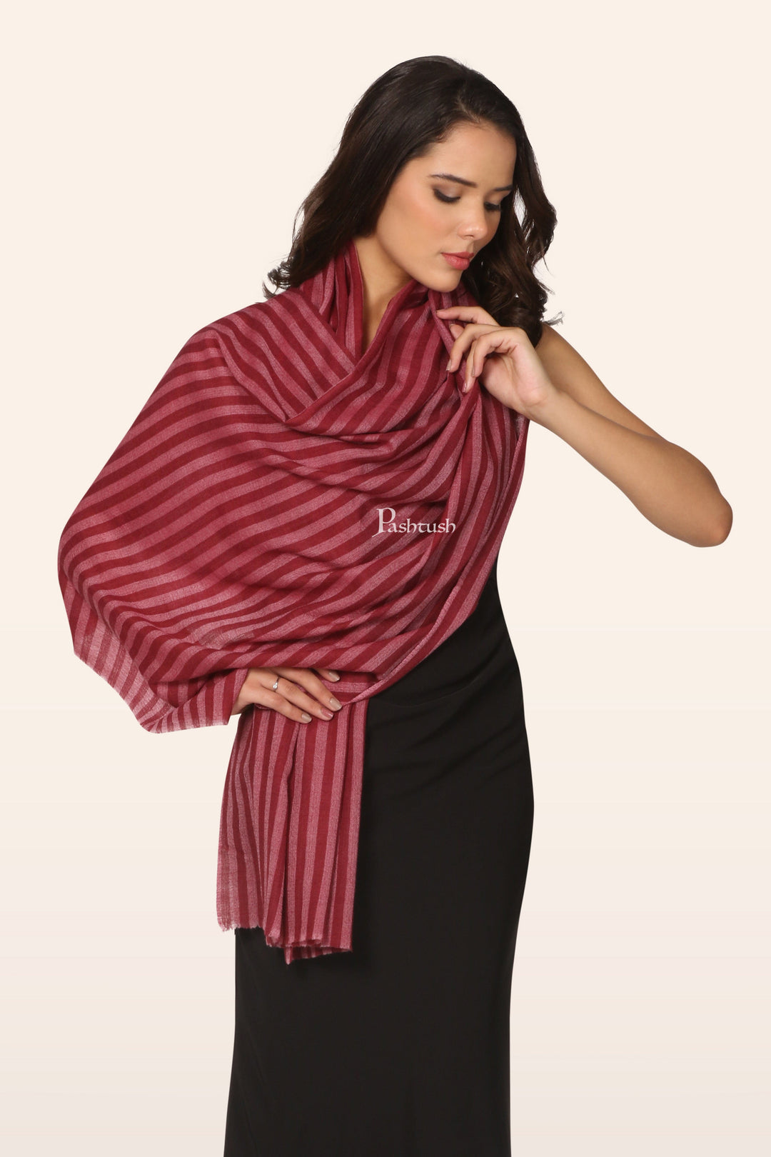 Pashtush India womens scarf and Stoles Pashtush Womens Extra Fine Wool Stole, Woven Striped Design, Red