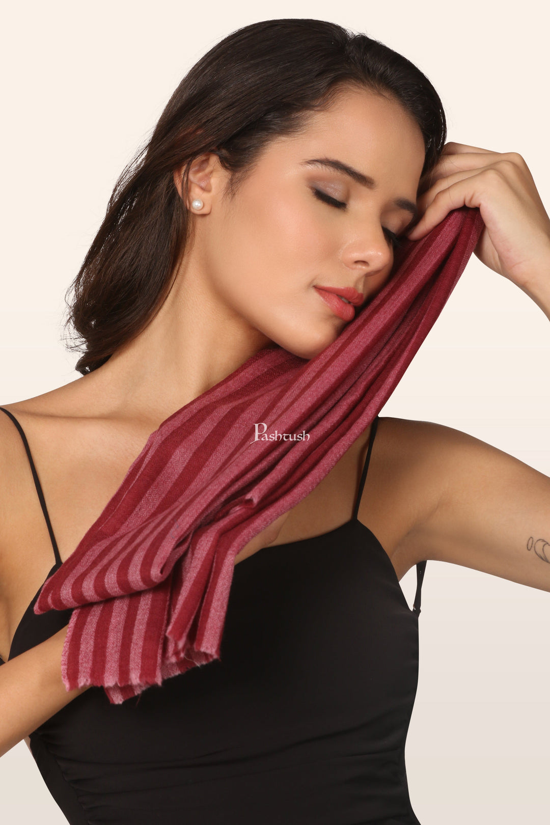 Pashtush India womens scarf and Stoles Pashtush Womens Extra Fine Wool Stole, Woven Striped Design, Red