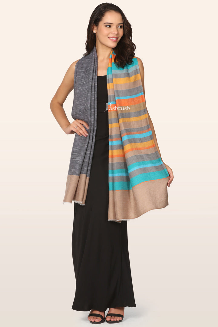 Pashtush India womens scarf and Stoles Pashtush Womens Extra Fine Wool Stole, Woven Stripes, Reversible Design, Multicolour