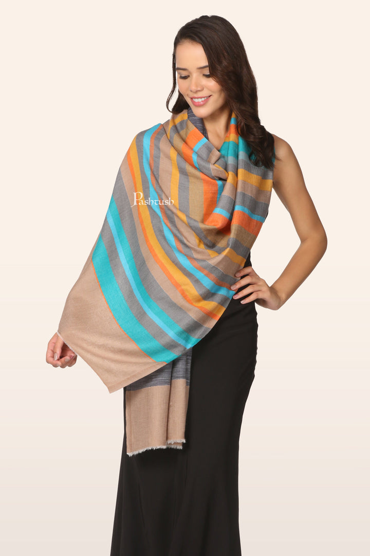 Pashtush India womens scarf and Stoles Pashtush Womens Extra Fine Wool Stole, Woven Stripes, Reversible Design, Multicolour