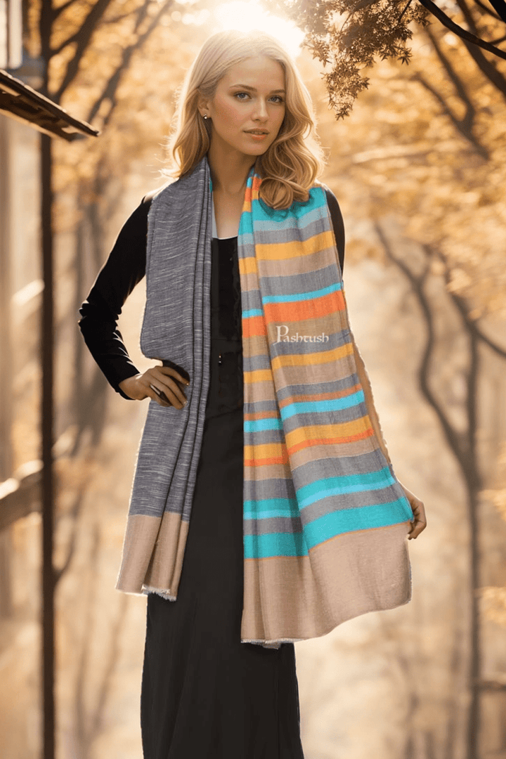 Pashtush India womens scarf and Stoles Pashtush Womens Extra Fine Wool Stole, Woven Stripes, Reversible Design, Multicolour