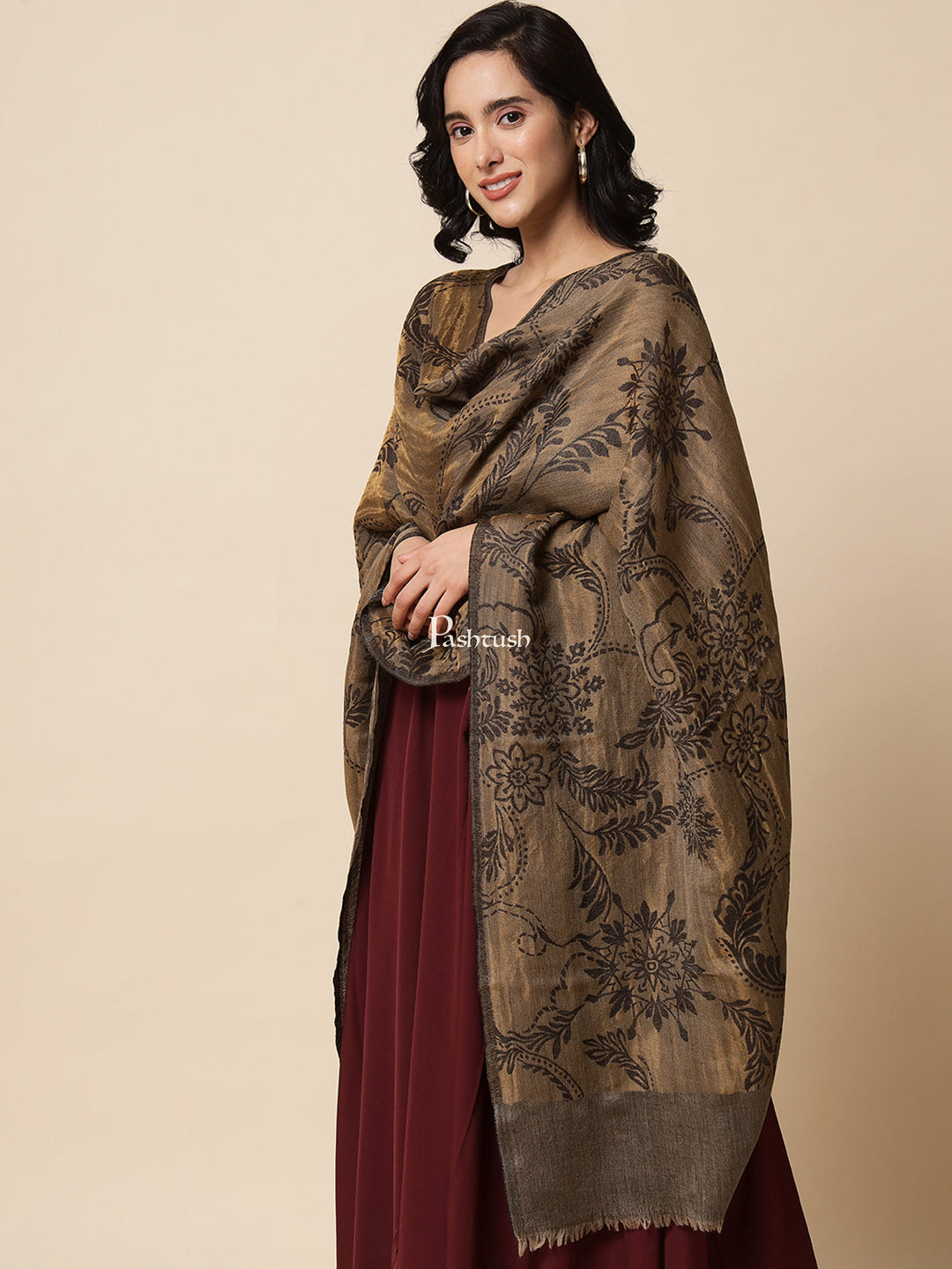 Pashtush India Womens Stoles and Scarves Scarf Pashtush Womens, Extra Fine Wool, Twilight Scarf, With Shimmery Metallic Zari Thread Weave Black