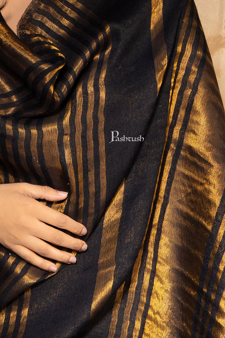 Pashtush India Womens Stoles and Scarves Scarf Pashtush Womens, Extra Fine Wool, Twilight Striped Scarf, With Shimmery Metallic Zari Thread Weave Black