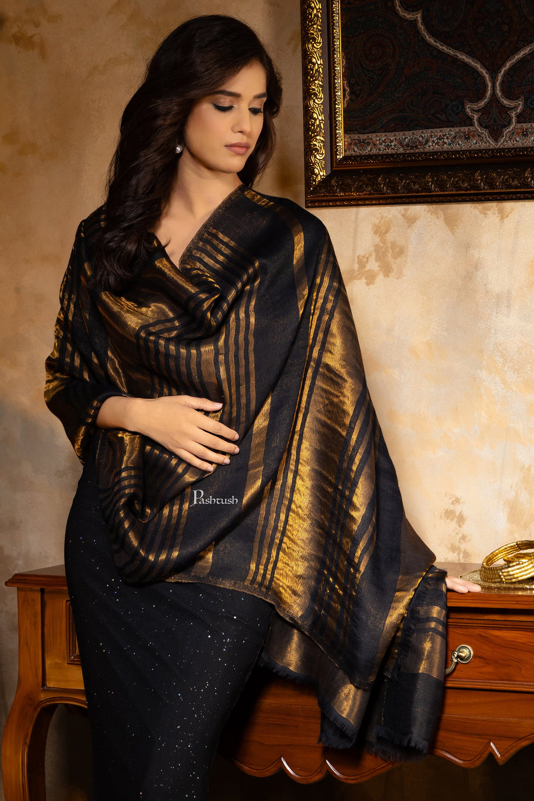 Pashtush India Womens Stoles and Scarves Scarf Pashtush Womens, Extra Fine Wool, Twilight Striped Scarf, With Shimmery Metallic Zari Thread Weave Black
