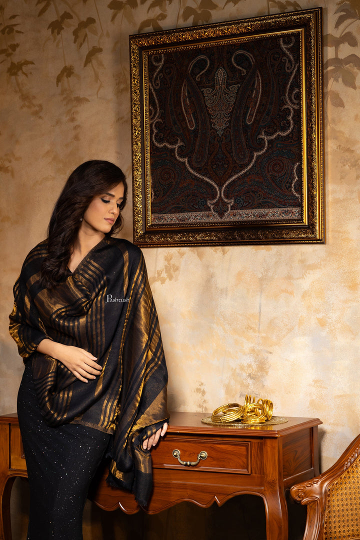 Pashtush India Womens Stoles and Scarves Scarf Pashtush Womens, Extra Fine Wool, Twilight Striped Scarf, With Shimmery Metallic Zari Thread Weave Black