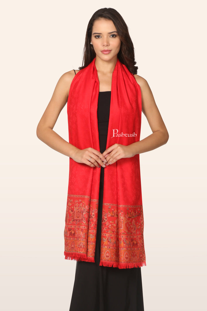 Pashtush India womens scarf and Stoles Pashtush Womens Extra Soft Bamboo Stole, Doli Darbar Woven Design, Red