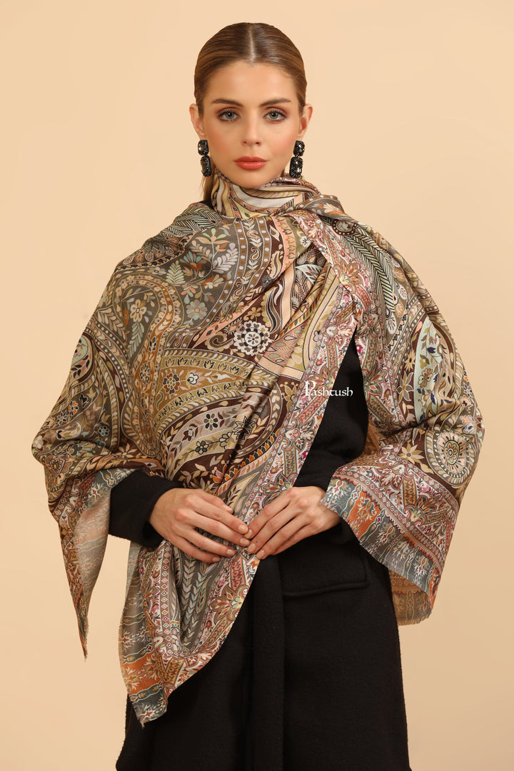 Pashtush India Womens Stoles and Scarves Scarf Pashtush Womens Extra Soft Bamboo Stole, Printed Design, Beige