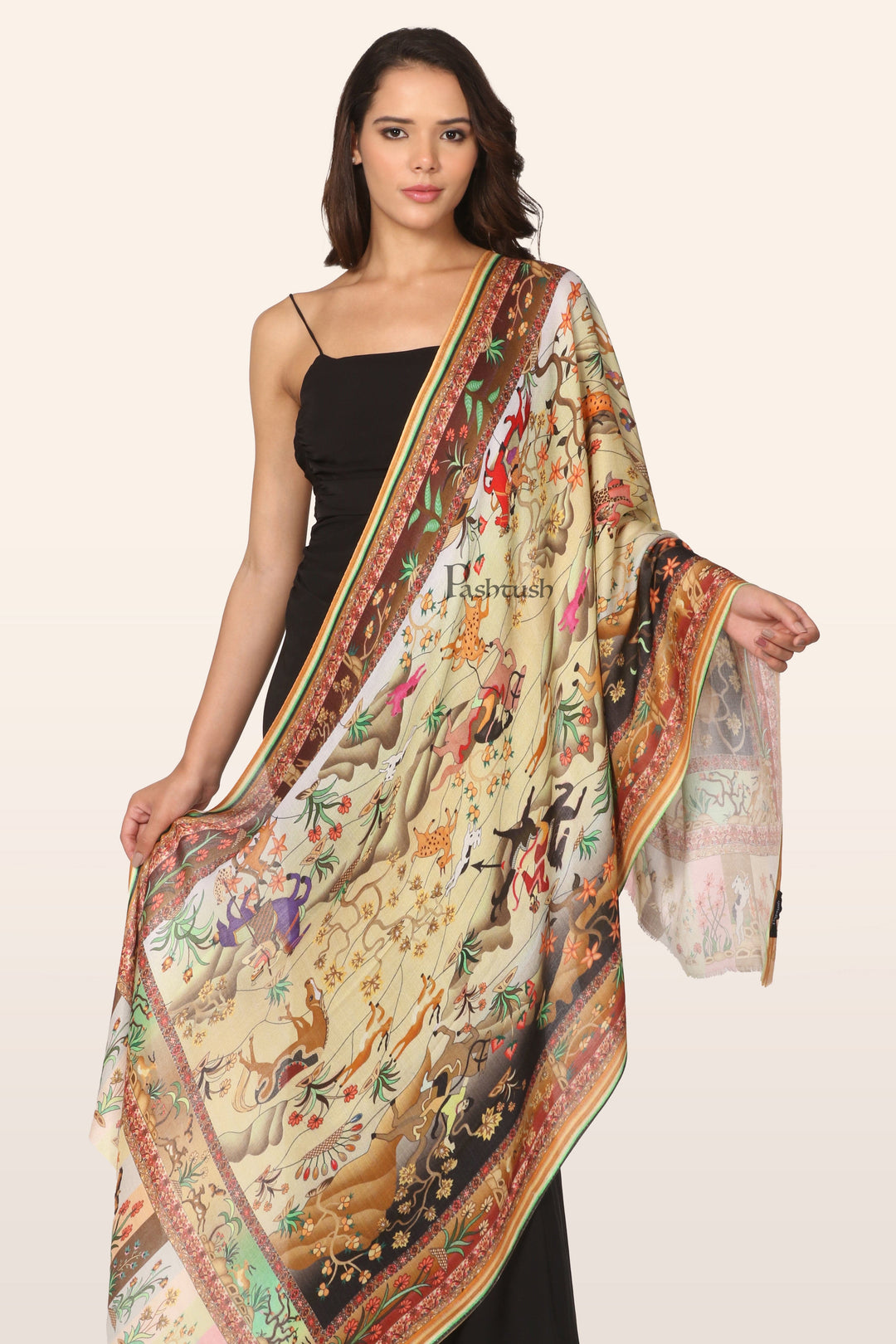 Pashtush India womens scarf and Stoles Pashtush Womens Extra Soft Bamboo Stole, Shikardar Print Design, Multicolour