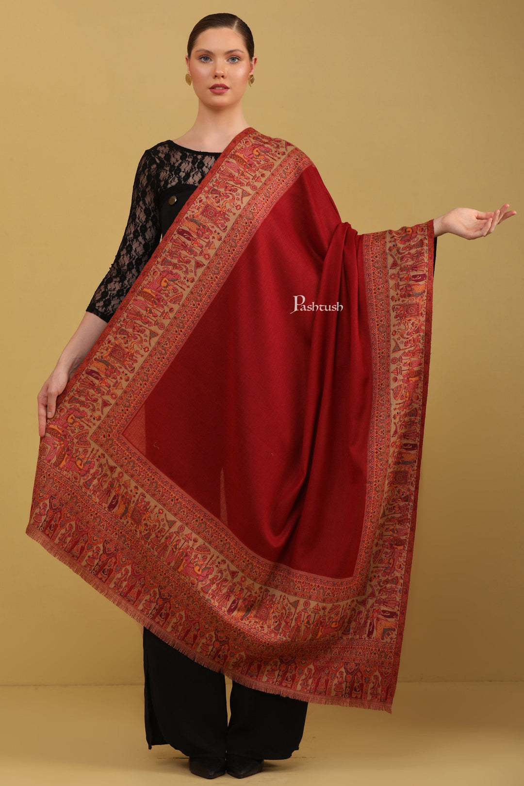 Pashtush India Womens Shawls Pashtush Womens Faux Pashmina Shawl, Dolli Palla Design, Maroon