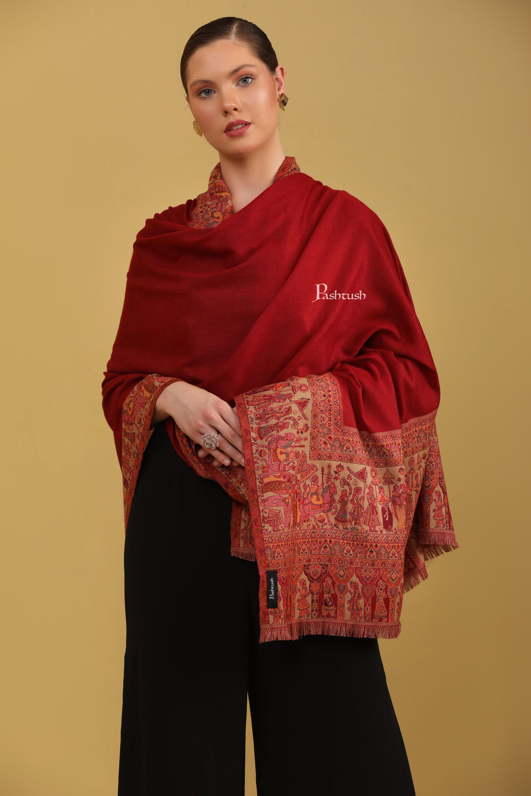 Pashtush India Womens Shawls Pashtush Womens Faux Pashmina Shawl, Dolli Palla Design, Maroon