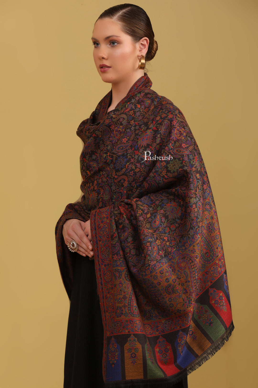 Pashtush India Womens Shawls Pashtush Womens Faux Pashmina Shawl, Ethnic Ambi Palla Design, Black