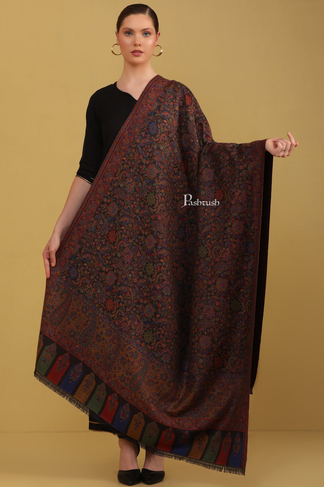 Pashtush India Womens Shawls Pashtush Womens Faux Pashmina Shawl, Ethnic Ambi Palla Design, Black