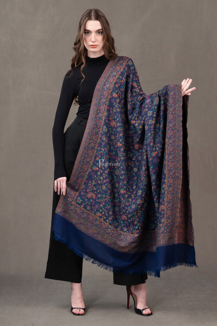 Pashtush India Womens Shawls Pashtush Womens Faux Pashmina Shawl, Ethnic Jamawar  Design, Navy Blue