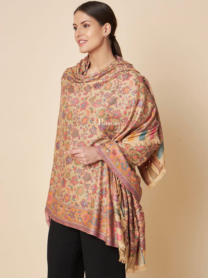 Pashtush India Womens Shawls Pashtush Womens Faux Pashmina Shawl, Ethnic Pastel Hues Design, Beige