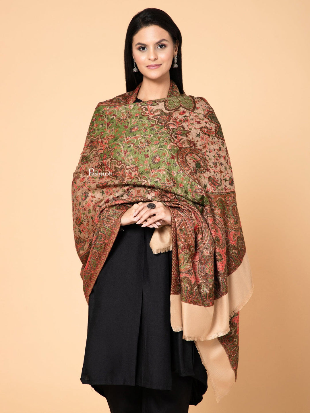 Pashtush India Womens Shawls Pashtush Womens Faux Pashmina Shawl, Ethnic Weave Design, Beige