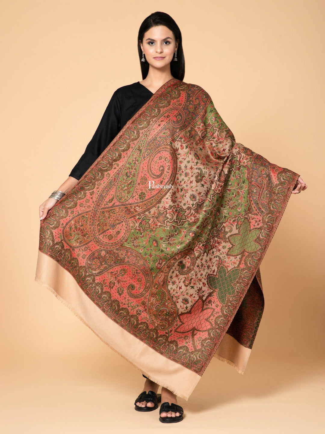 Pashtush India Womens Shawls Pashtush Womens Faux Pashmina Shawl, Ethnic Weave Design, Beige