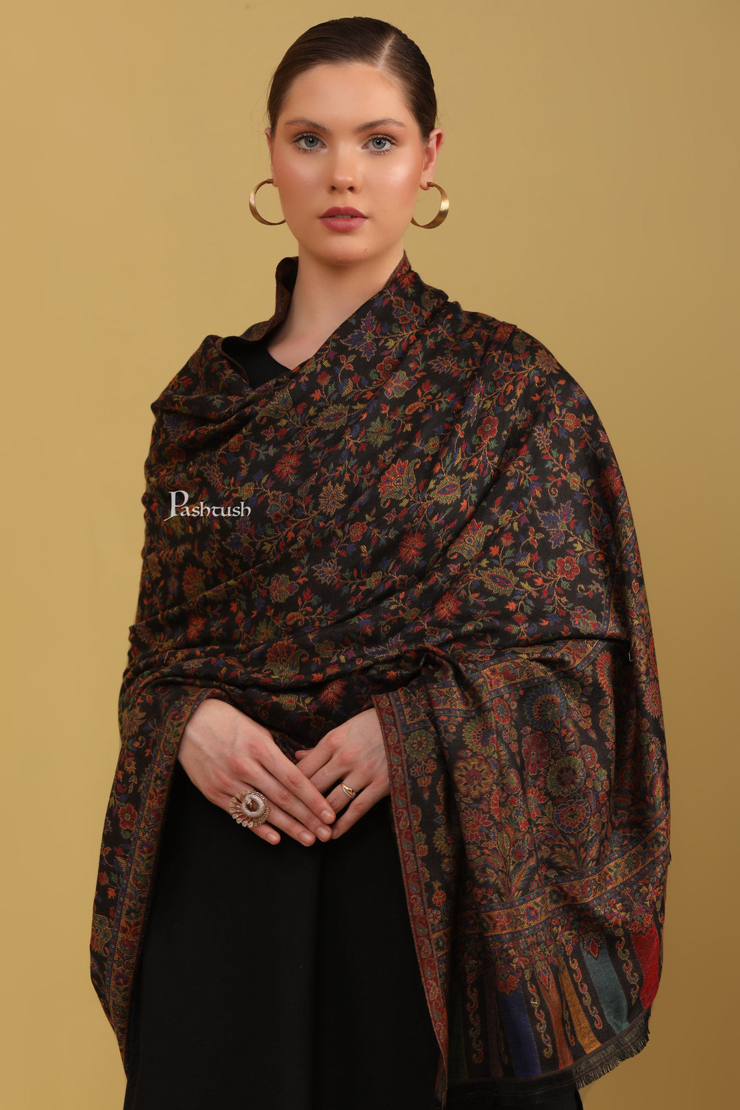 Pashtush India Womens Shawls Pashtush Womens Faux Pashmina Shawl, Ethnic  Weave Design, Black