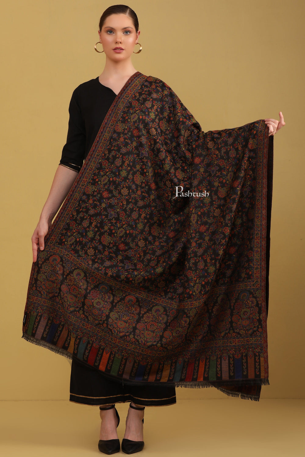 Pashtush India Womens Shawls Pashtush Womens Faux Pashmina Shawl, Ethnic  Weave Design, Black