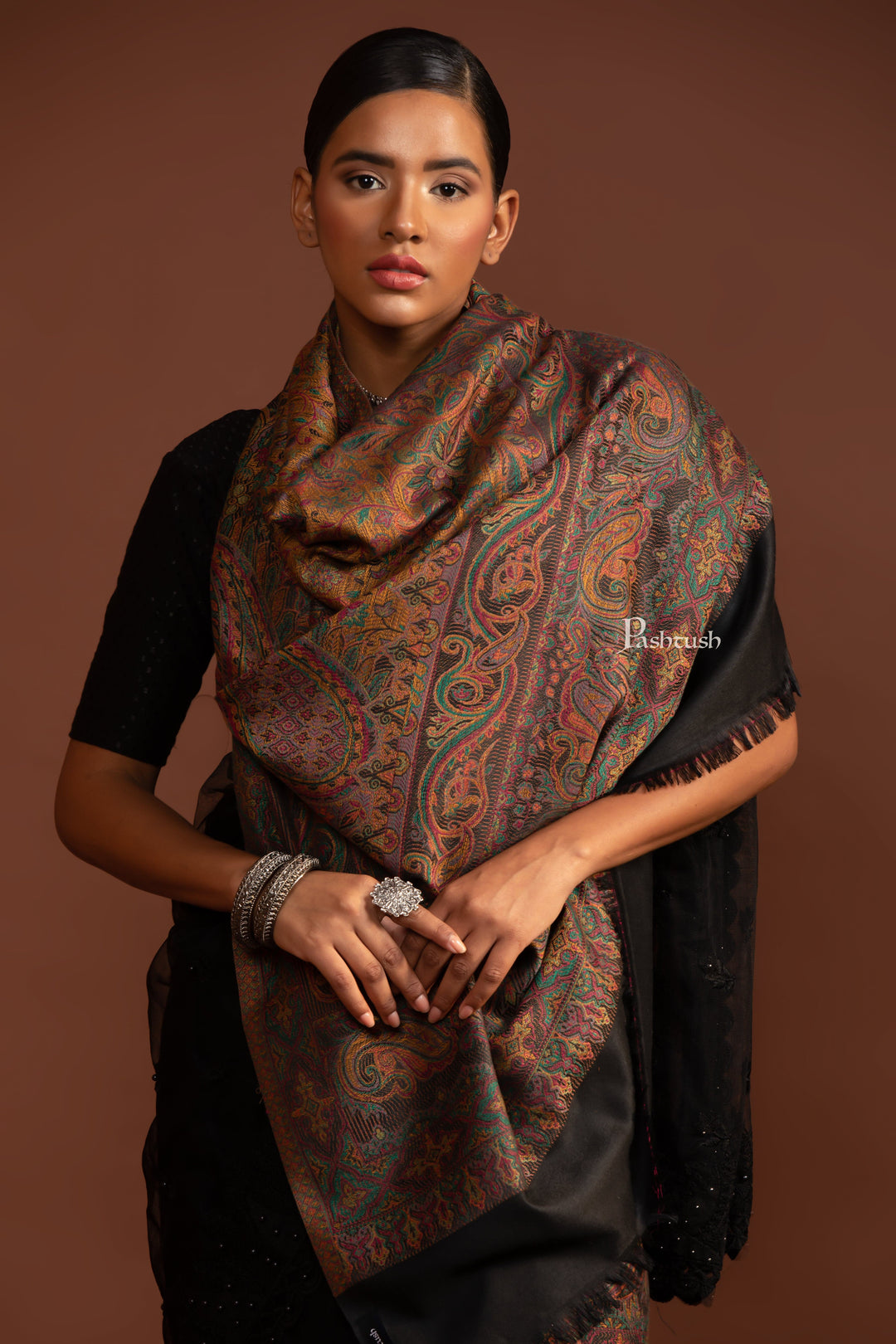 Pashtush India Womens Shawls Pashtush Womens Faux Pashmina Shawl, Ethnic Weave Design, Black