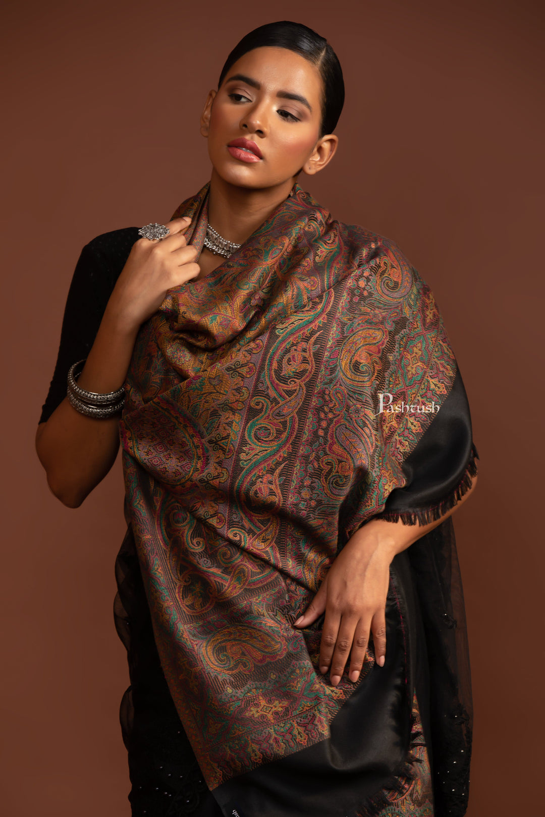 Pashtush India Womens Shawls Pashtush Womens Faux Pashmina Shawl, Ethnic Weave Design, Black