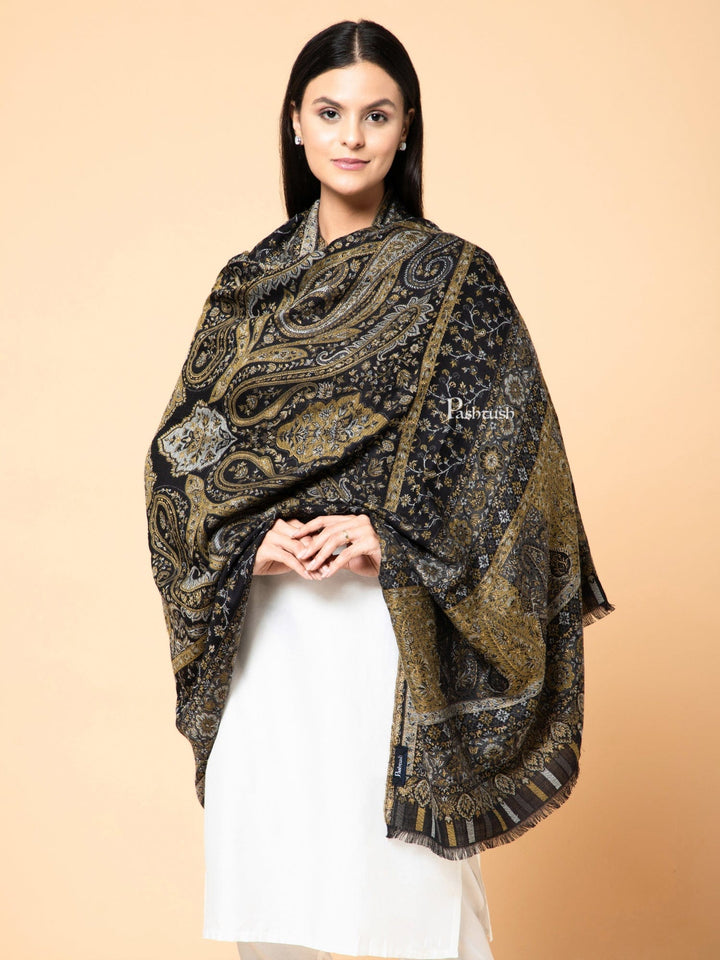 Pashtush India Womens Shawls Pashtush Womens Faux Pashmina Shawl, Ethnic Weave Design, Black