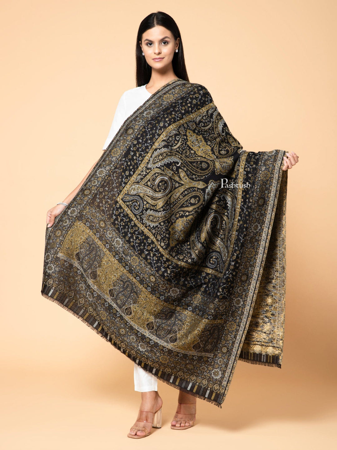 Pashtush India Womens Shawls Pashtush Womens Faux Pashmina Shawl, Ethnic Weave Design, Black