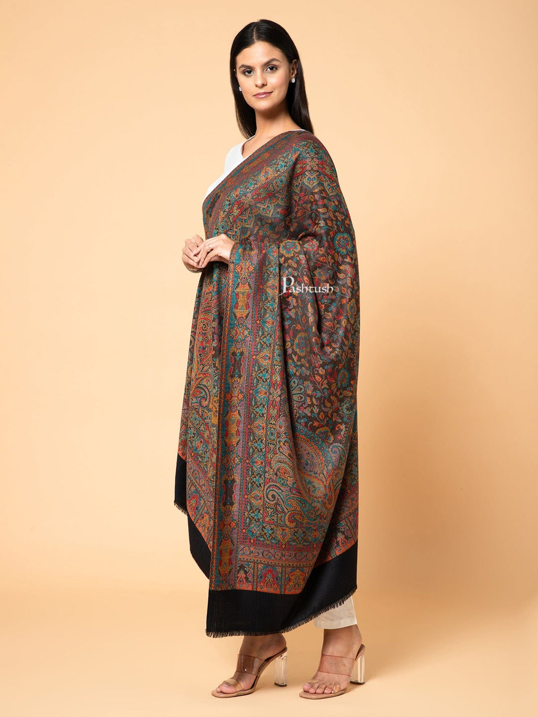 Pashtush India Womens Shawls Pashtush Womens Faux Pashmina Shawl, Ethnic Weave Design, Black