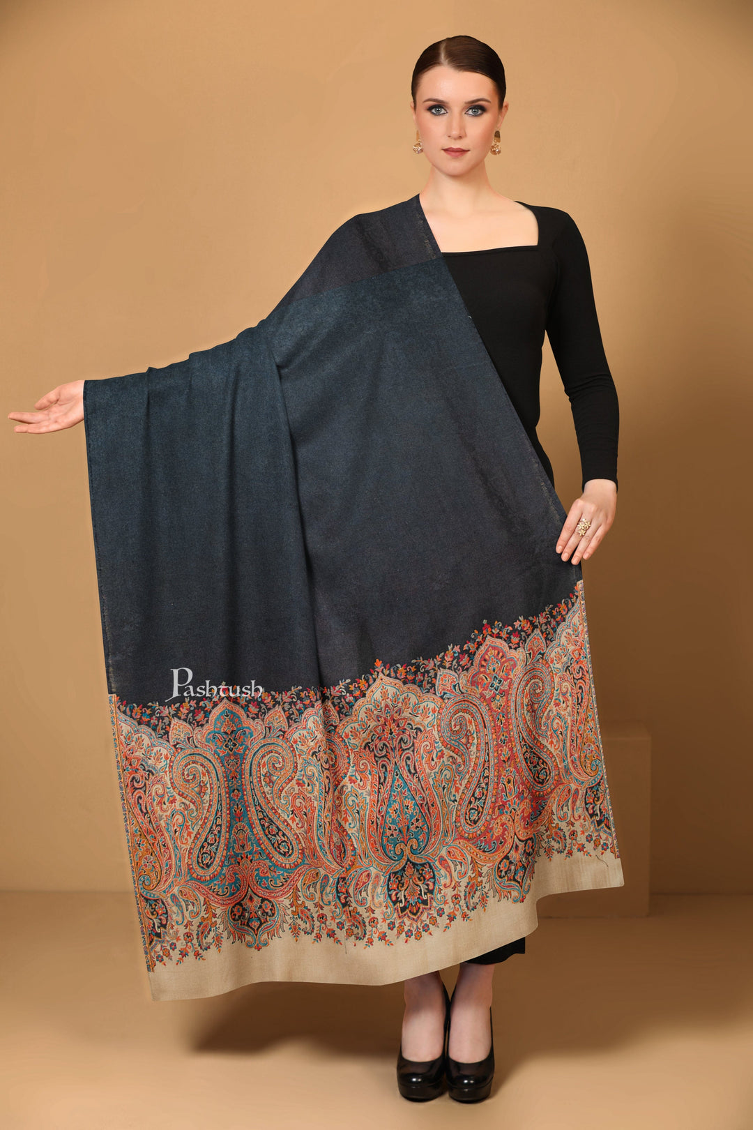 Pashtush India Womens Shawls Pashtush Womens Faux Pashmina Shawl, Ethnic Weave Design, Black And Beige