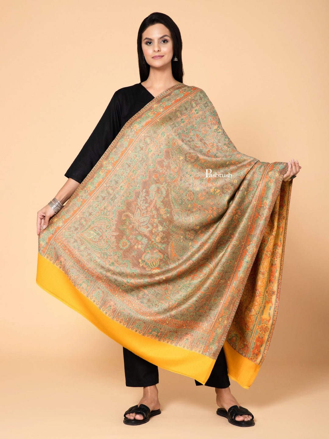 Pashtush India Womens Shawls Pashtush Womens Faux Pashmina Shawl, Ethnic Weave Design, Yellow