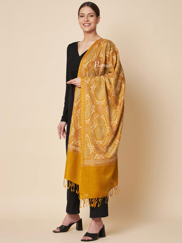 Pashtush India Womens Shawls Pashtush Womens Faux Pashmina Shawl, Fine Two Tone Nalki Embroidery Design, Mustard