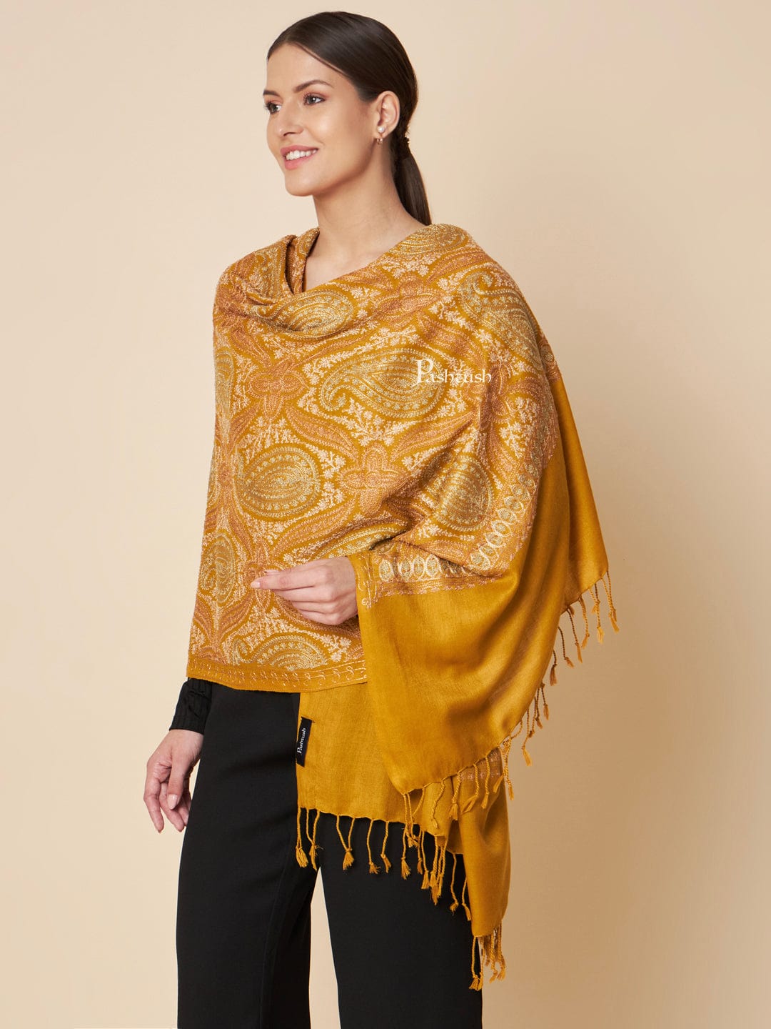 Pashtush India Womens Shawls Pashtush Womens Faux Pashmina Shawl, Fine Two Tone Nalki Embroidery Design, Mustard