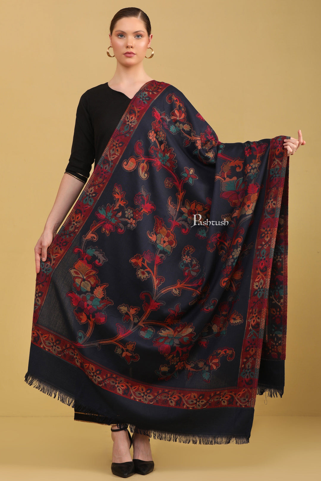 Pashtush India Womens Shawls Pashtush Womens Faux Pashmina Shawl, Floral Weave ,Blue