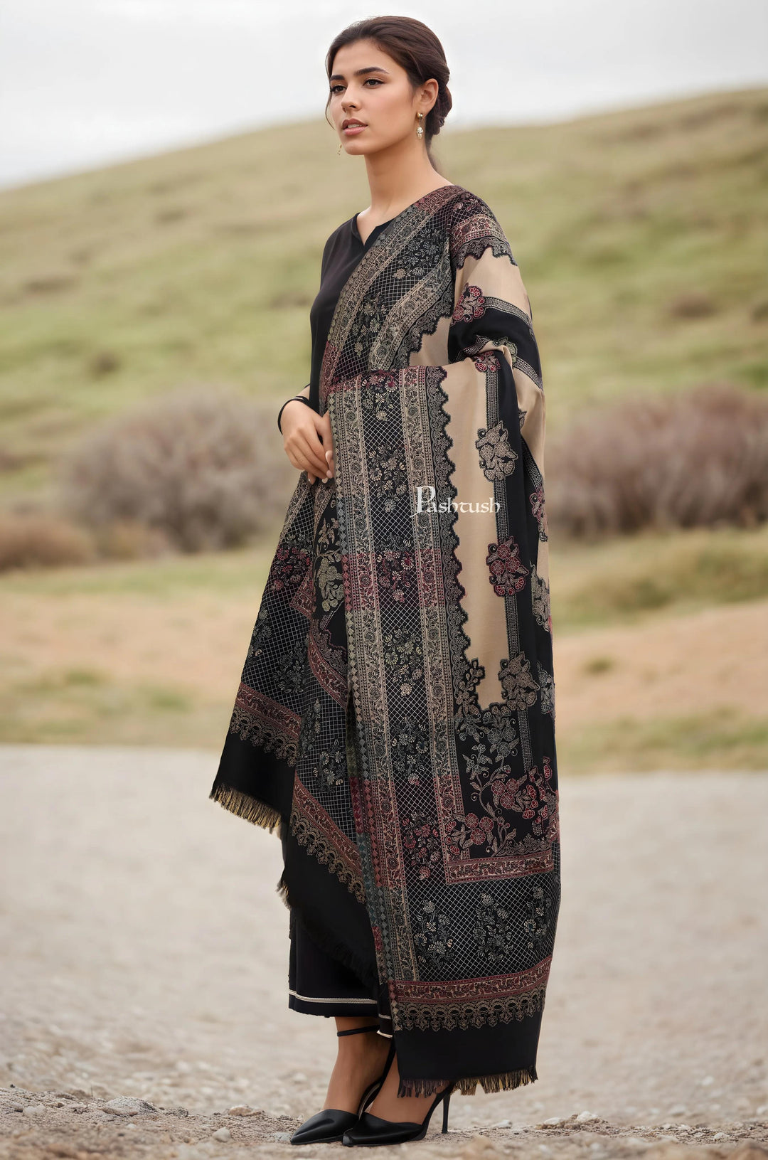 Pashtush India Womens Shawls Pashtush Womens Faux Pashmina Shawl, Floral Weave with Stripes