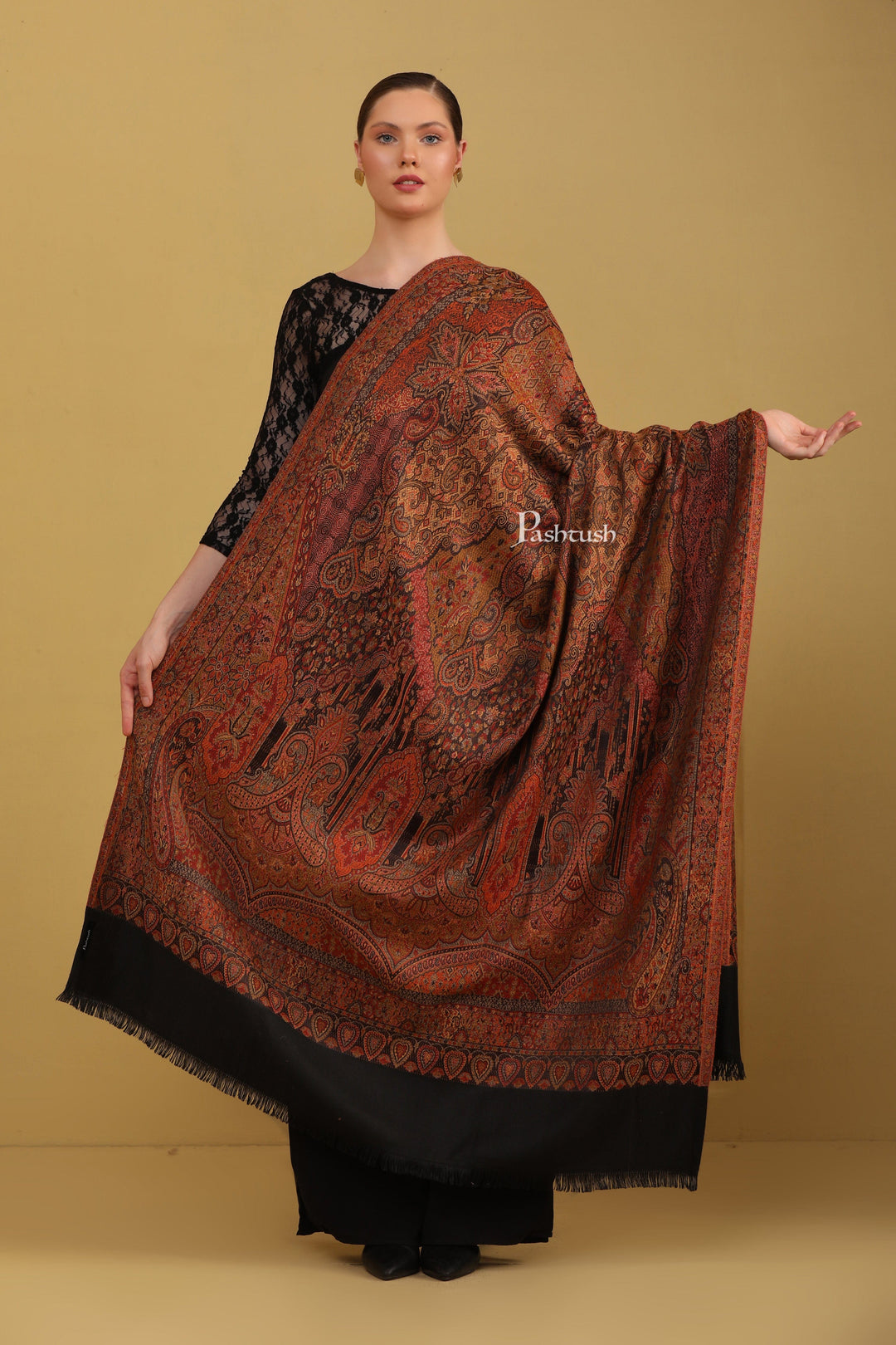 Pashtush India Womens Shawls Pashtush Womens Faux Pashmina Shawl, Jamawar Design, Black