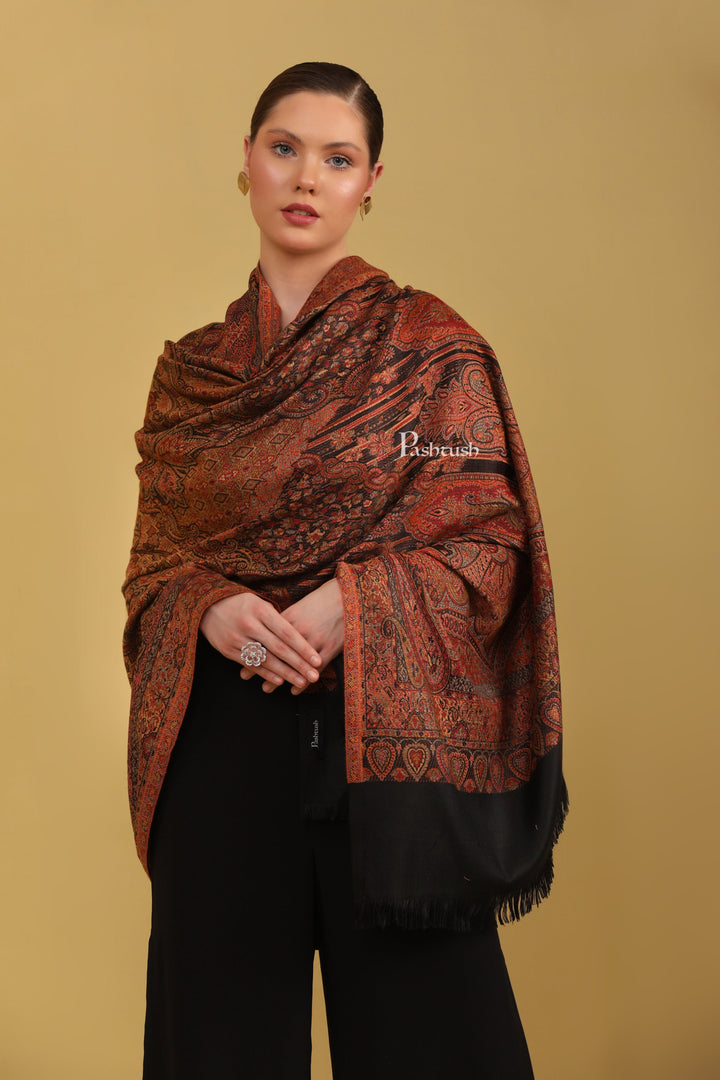 Pashtush India Womens Shawls Pashtush Womens Faux Pashmina Shawl, Jamawar Design, Black