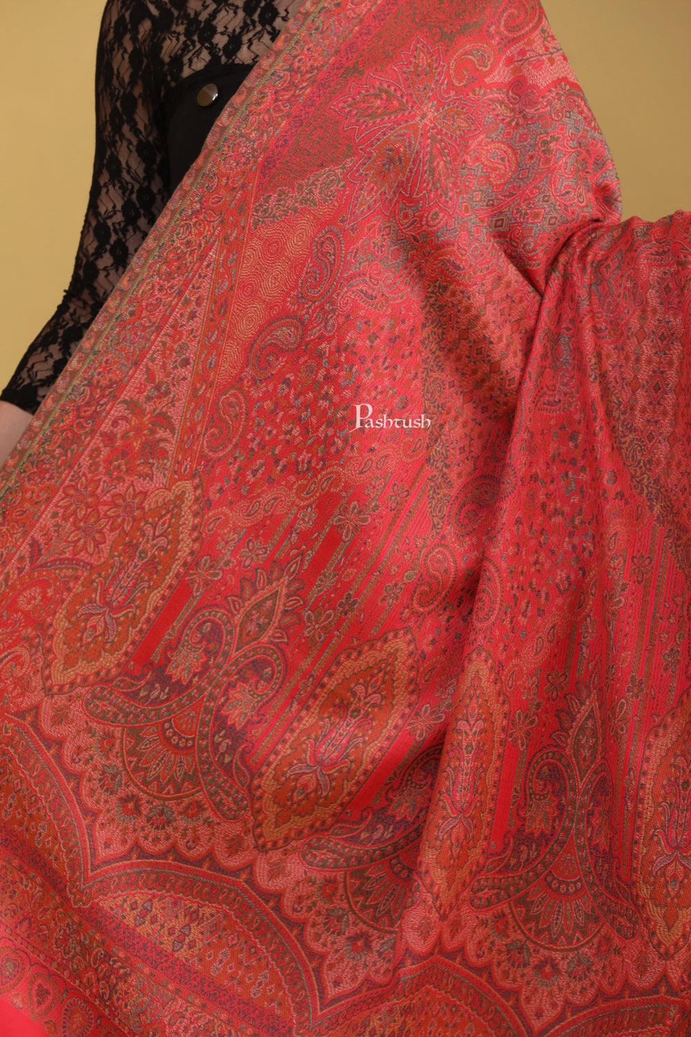 Pashtush India Womens Shawls Pashtush Womens Faux Pashmina Shawl, Jamawar Design, Dark Pink