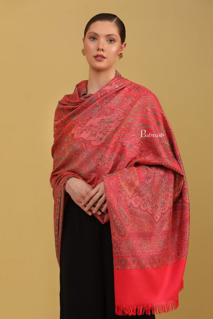 Pashtush India Womens Shawls Pashtush Womens Faux Pashmina Shawl, Jamawar Design, Dark Pink