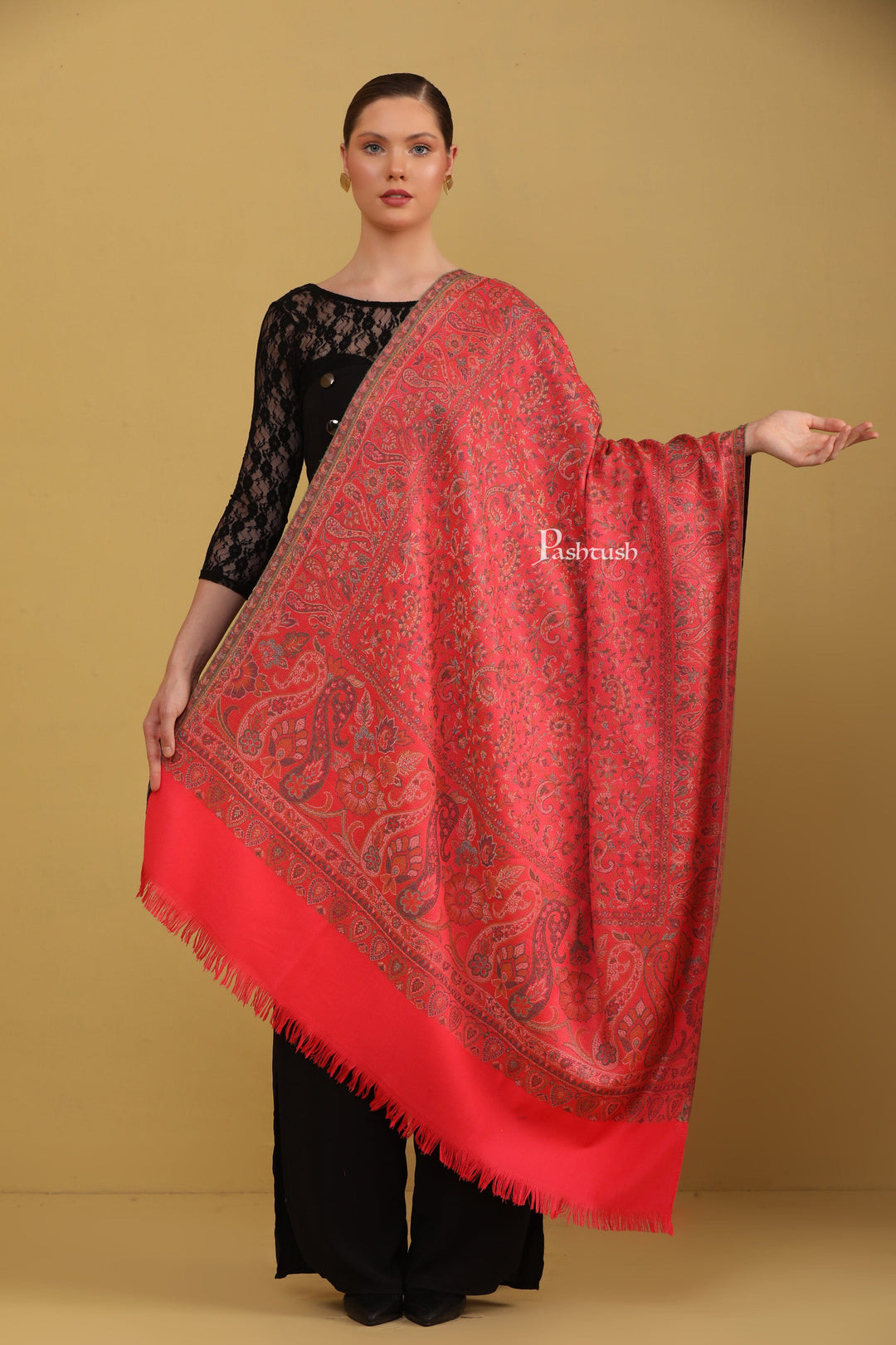 Pashtush India Womens Shawls Pashtush Womens Faux Pashmina Shawl, Jamawar Design, Dark Pink